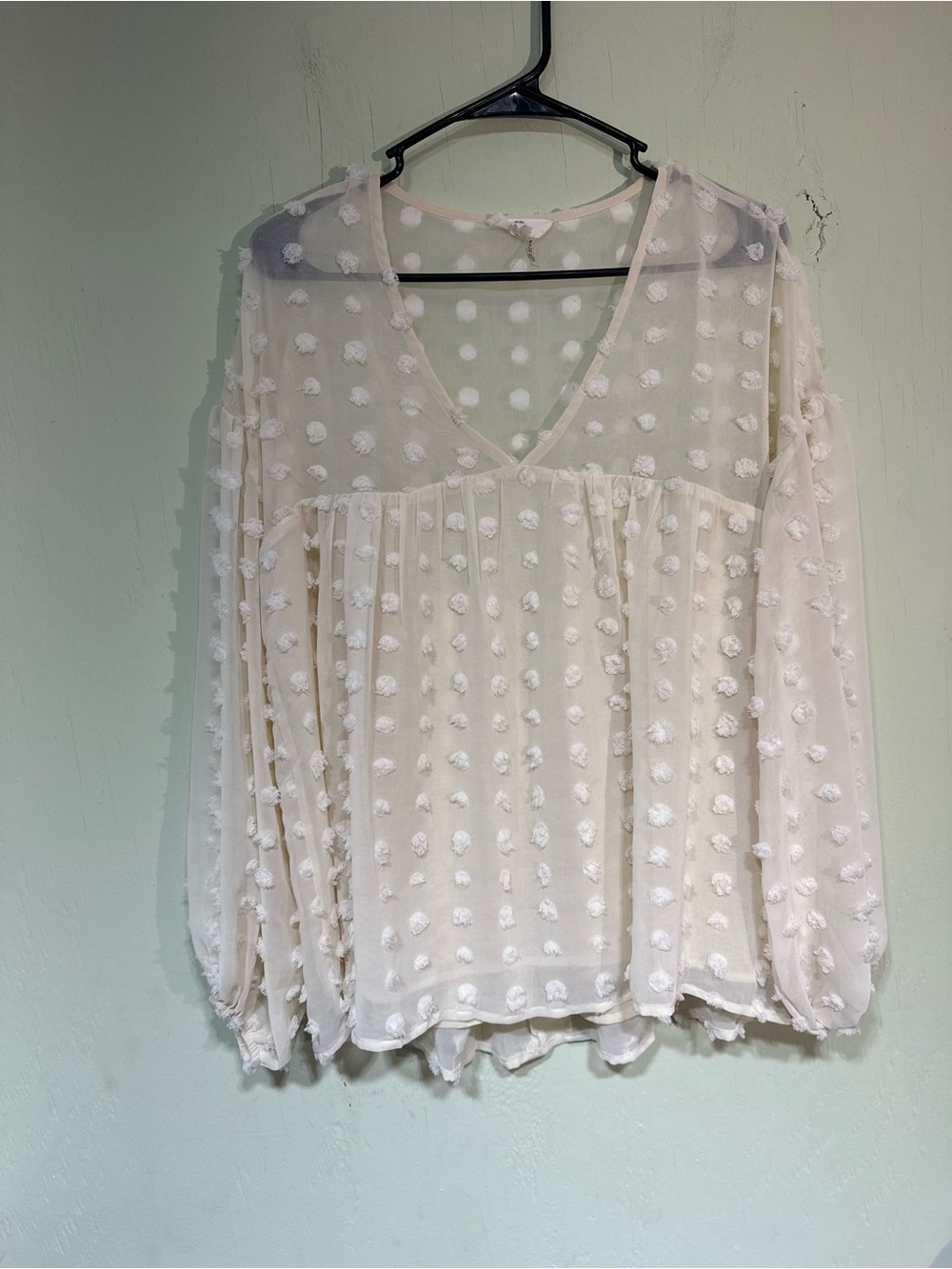 entro boutique boho semi sheer Swiss dot v neck babydoll blouse bishop sleeve S